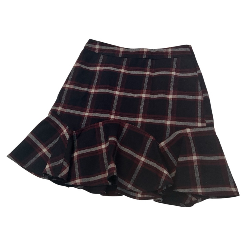 Oasis red blue white plaid mini skirt ruffled hem